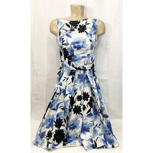French Laundry Dress Size 8 34" Sleeveless A Line Blue Black Floral Casual